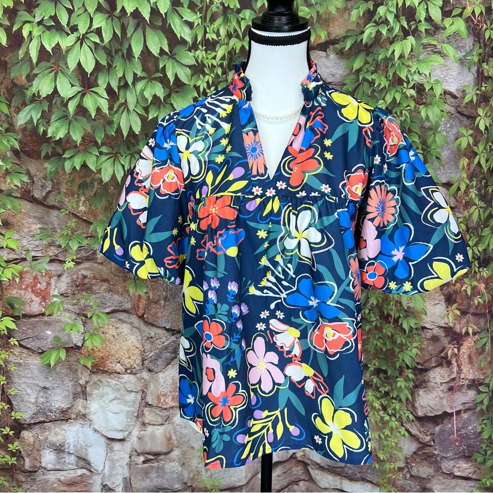 THML Bright Blue Botanical Print Puff Sleeve Resortwear Blouse, S - Picture 9 of 11